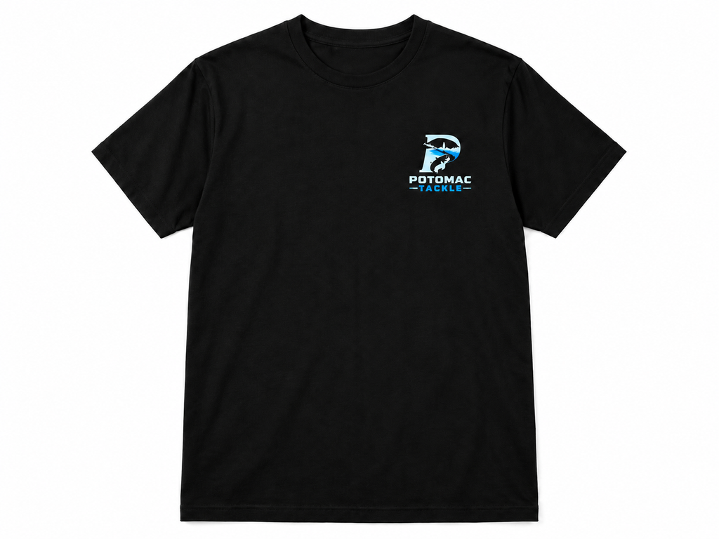 Front of the black Potomac Tackle short-sleeve shirt