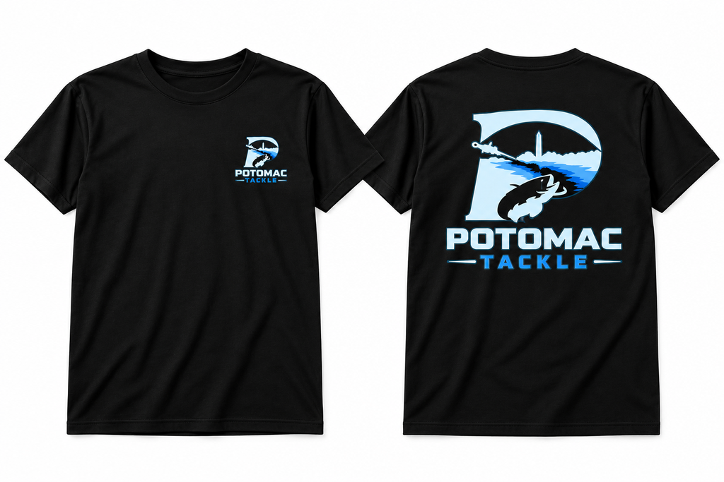 Front and back of the black Potomac Tackle short-sleeve shirt