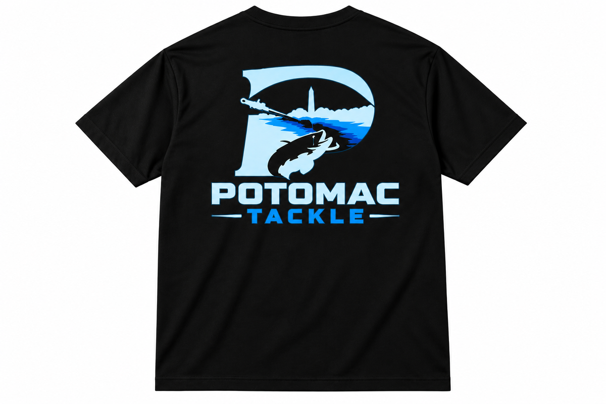 Back of the black Potomac Tackle short-sleeve shirt