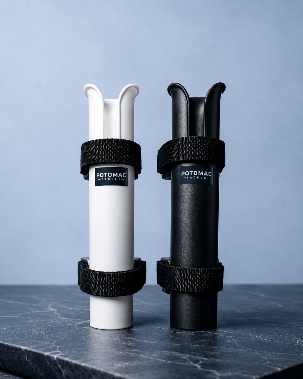 Black and white Potomac Tackle portable fishing rod holders for piers and railings