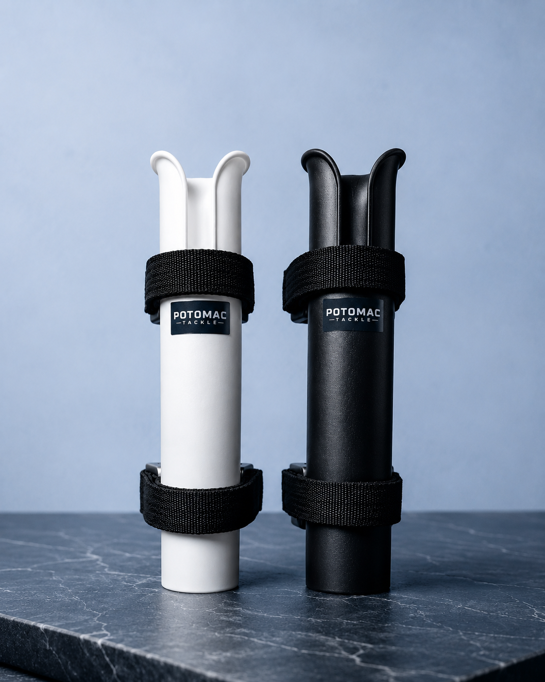 Black and white Potomac Tackle portable fishing rod holders for piers and railings
